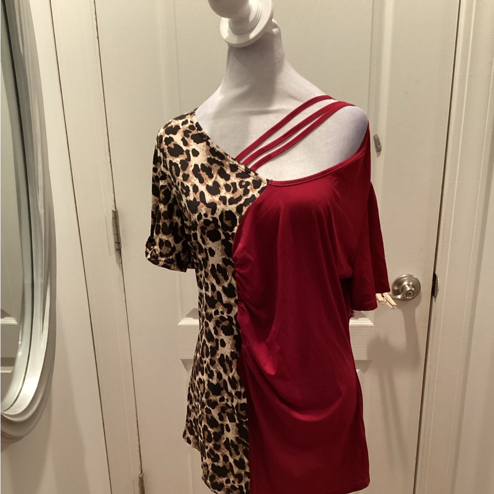 Women's Red One-Shoulder Blouse with Leopard Panel